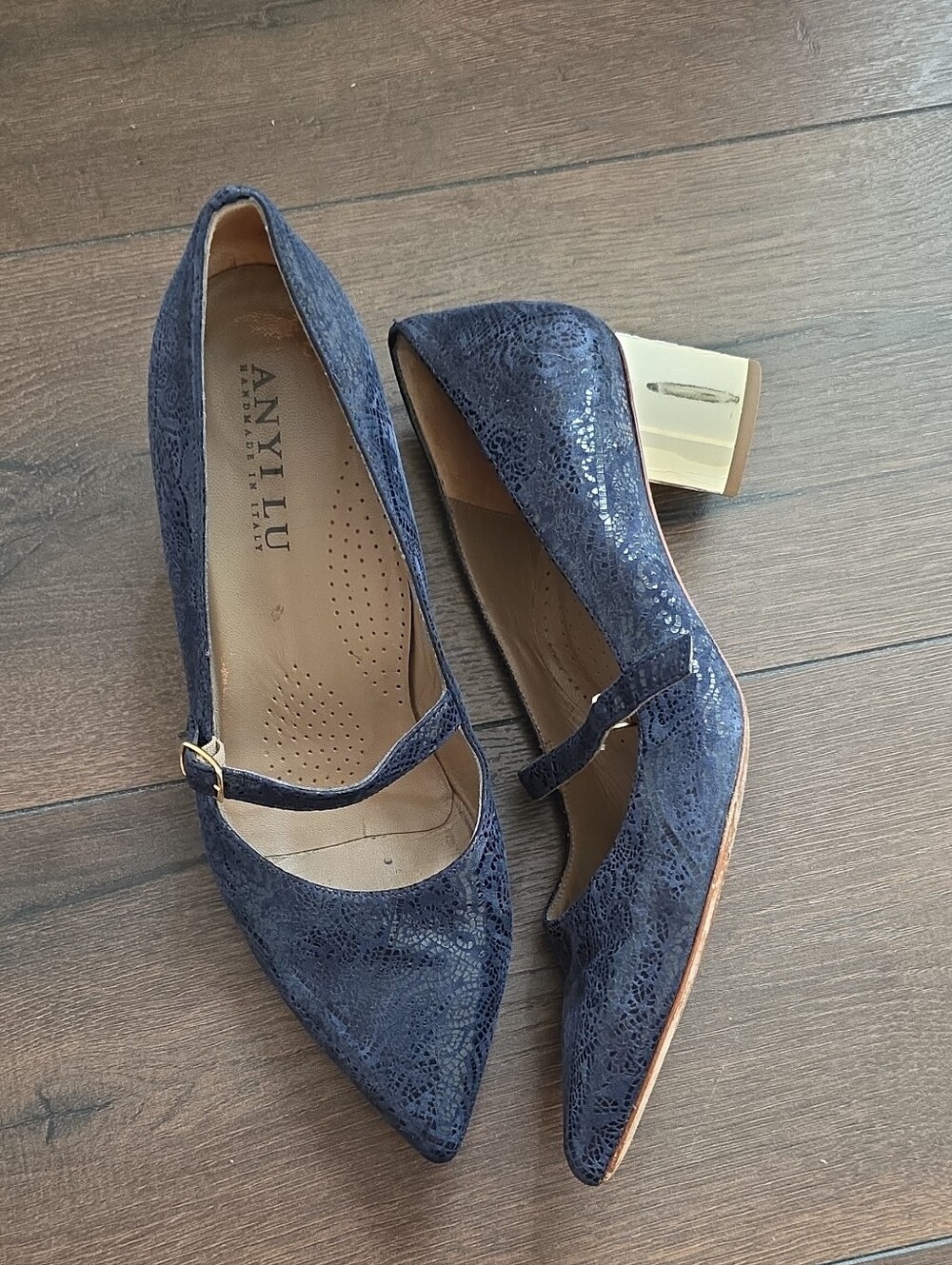 Anyi Lu Navy Lace Mary Jane Pumps with Gold Block Heel Accent